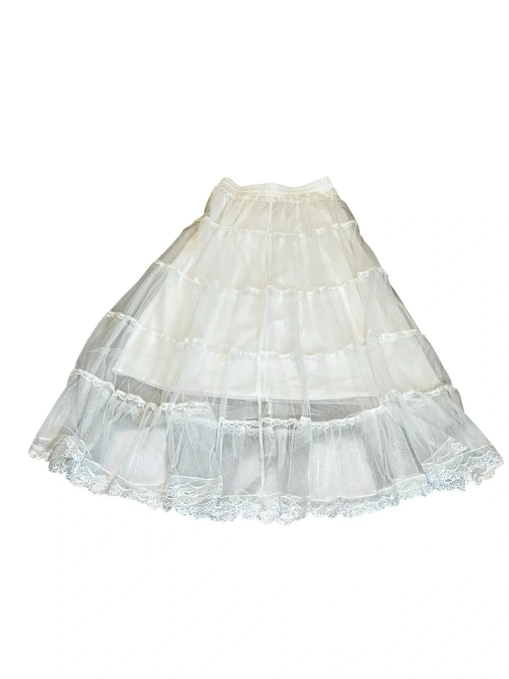 White Tulle Lace Tiered Midi Skirt Flowy Flare Cottagecore Feminine Coquette